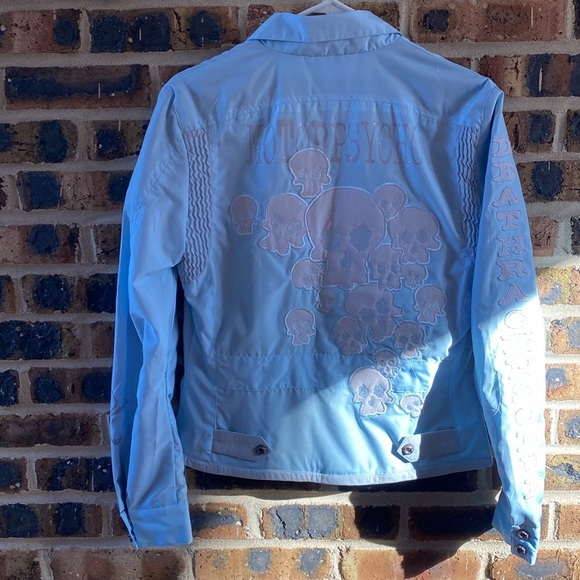 Super G Psycho embroidered logo/skulls graphic zip jacket leather trim, W’s M - Picture 2 of 12